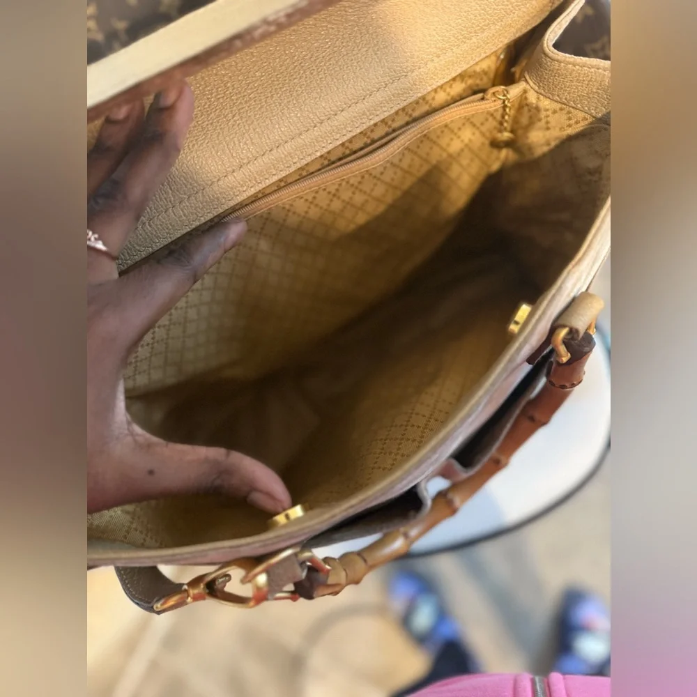 Elegant Tan Handbag with Bamboo Handle Purse As Is Please Look At Pictures Close - Picture 5 of 8